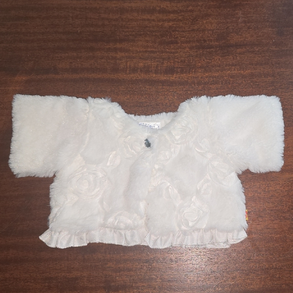 Build-A-Bear White Faux Fur Jacket with Floral Accents